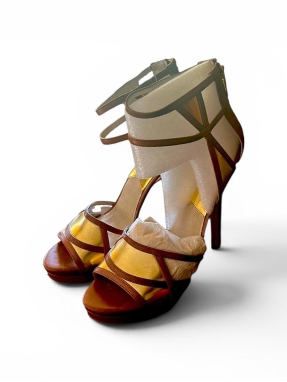 Women's Brown and Gold Strappy High Heel Sandals